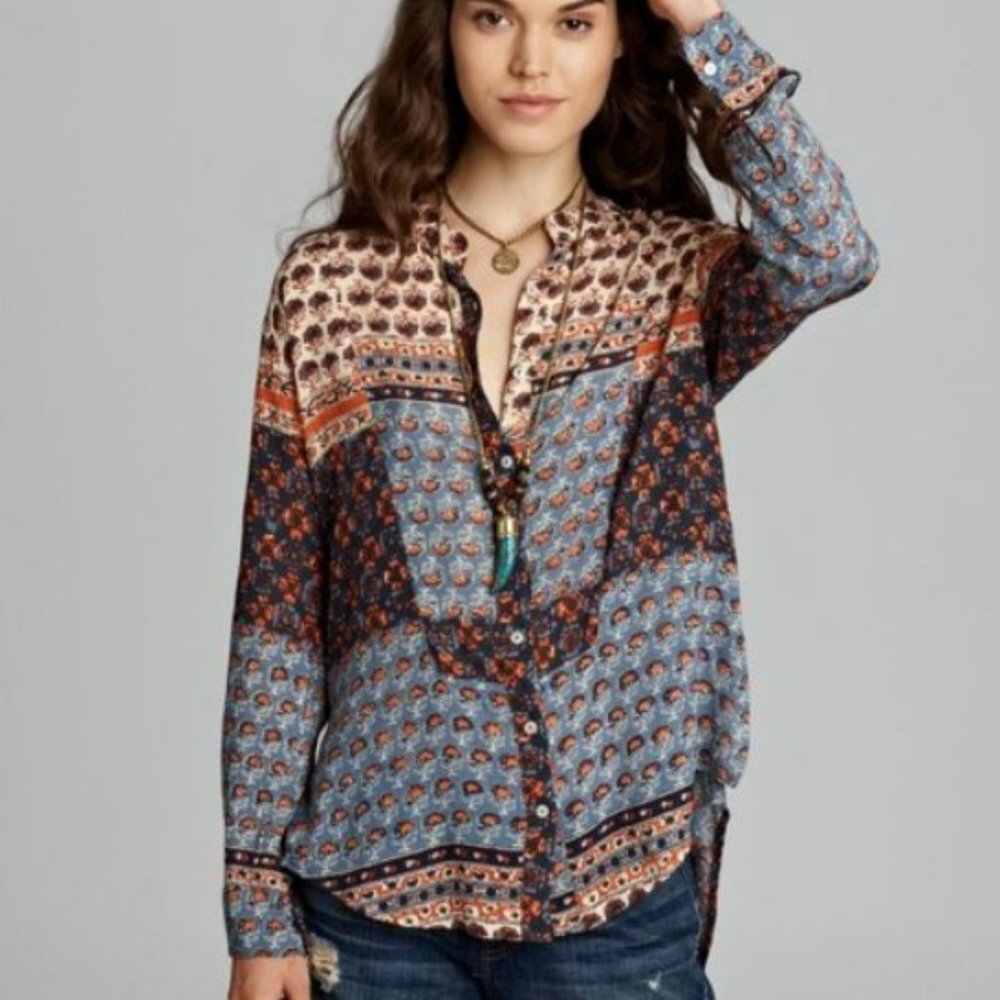 Free People Blue Patchwork Caravan Button Down To… - image 3